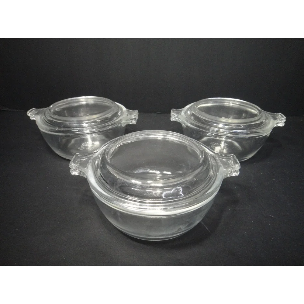 Vintage Pyrex #018 Originals Clear Glass 10 oz Casserole Dishes w/ Lids Set of 3